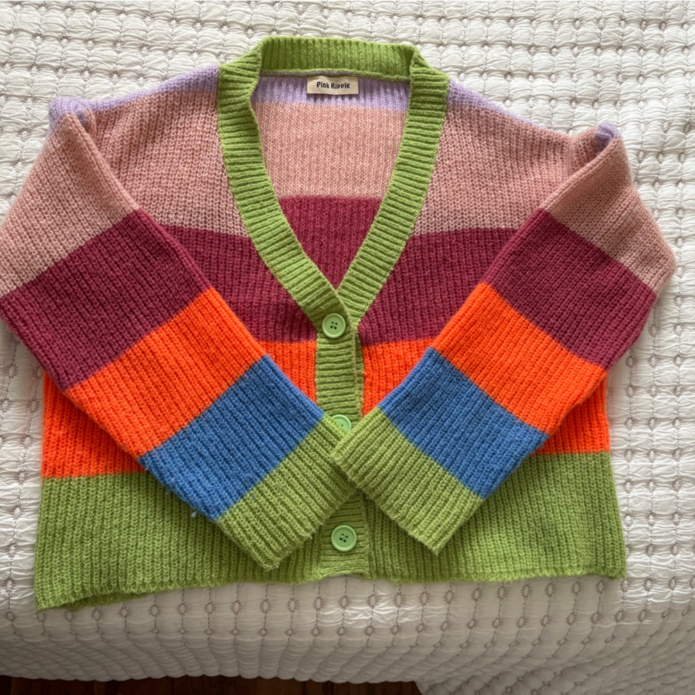 Colorblock Striped Knit Cardigan - Green Trim